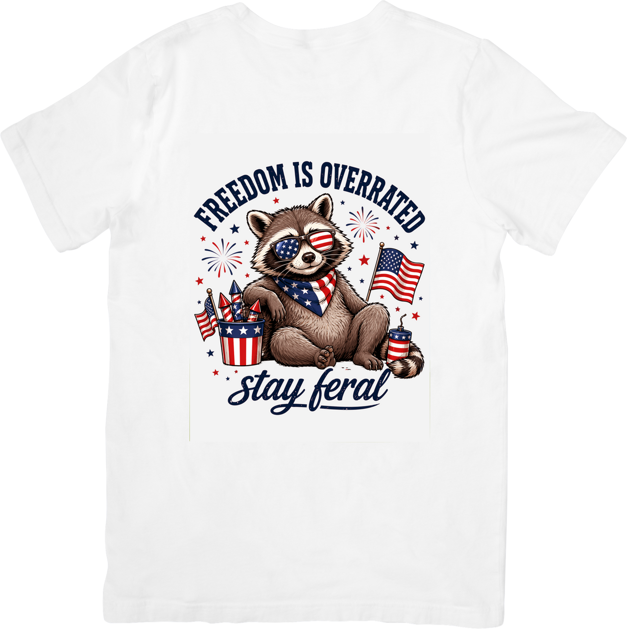 Freedom Is Overrated Stay Feral Raccoon T-Shirt | Funny Patriotic Fourth of July Graphic Tee